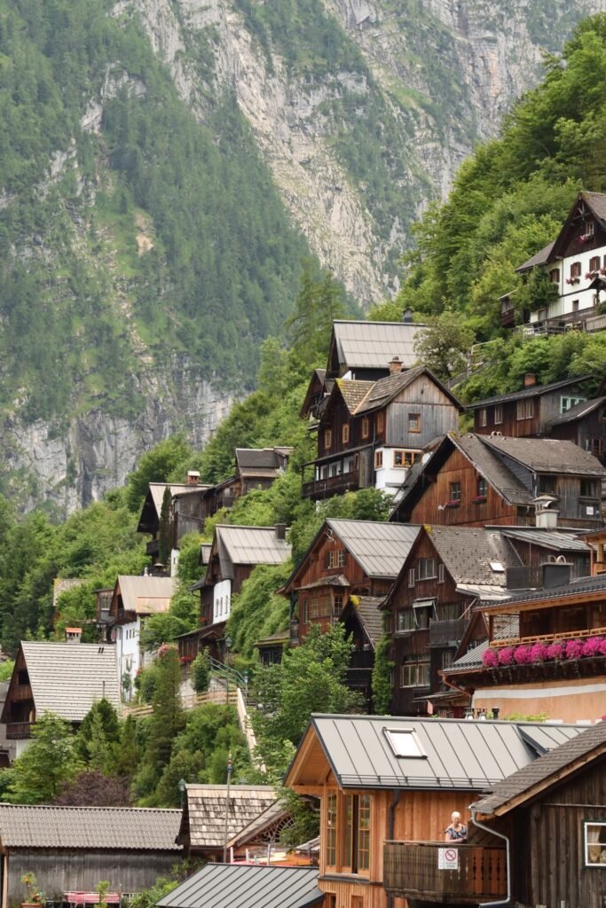 Hallstatt, wooden houses on mountain side